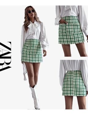 Zara Green & White Plaid Tweed Mini Skirt with Jeweled Buttons